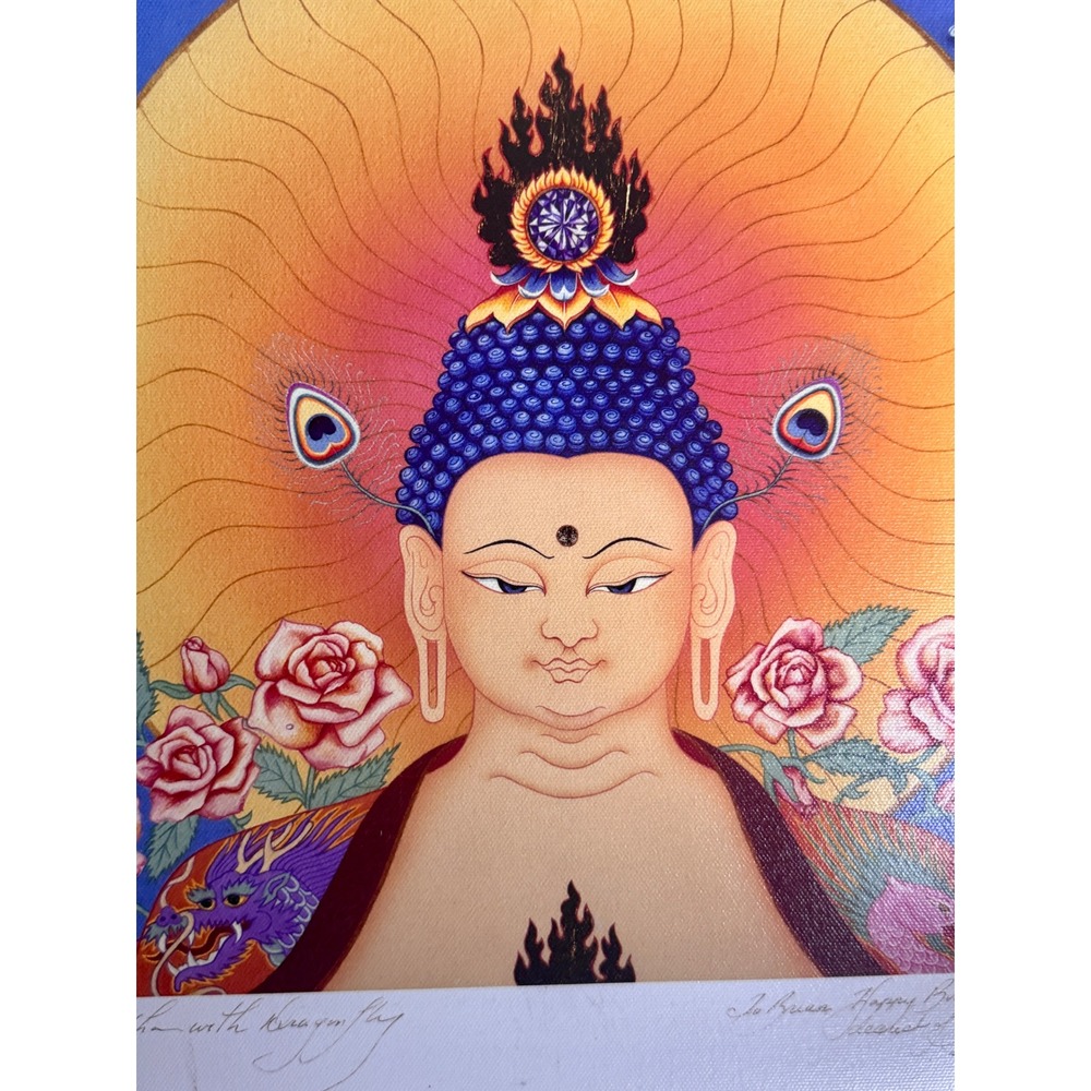 Romio Shrestha Buddha with Dragonfly Signed Framed Art Print 2008 Thangka Style